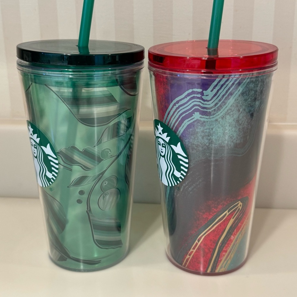 Two Starbucks 2021 16 Oz. Grande Cold Beverage Cups With Straws - Picture 2 of 15